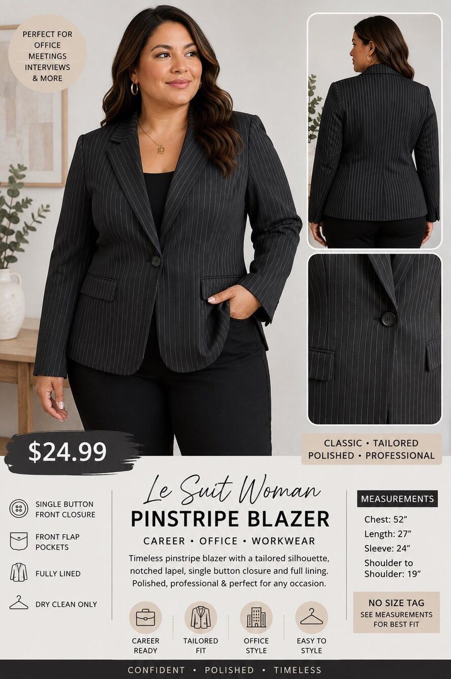 Le Suit Women Pinstripe Blazer Blk/Gray Single Button Career Office Approx 20/22